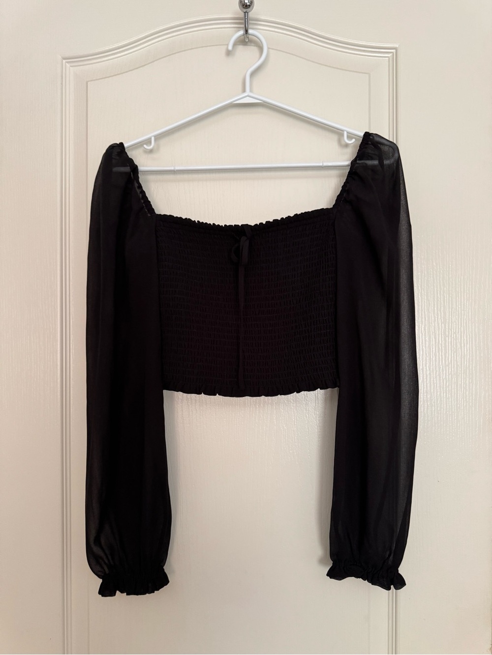 Aritzia Black Smocked Off-Shoulder Crop Blouse